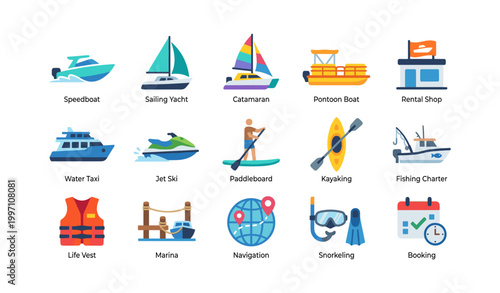 Boating and water sport icons arranged in grid on white background