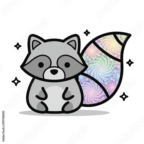 Fotografija Cute Cartoon Raccoon with Holographic Tail.