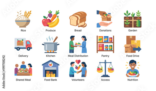 Food assistance icons showing distribution, pantry and meals