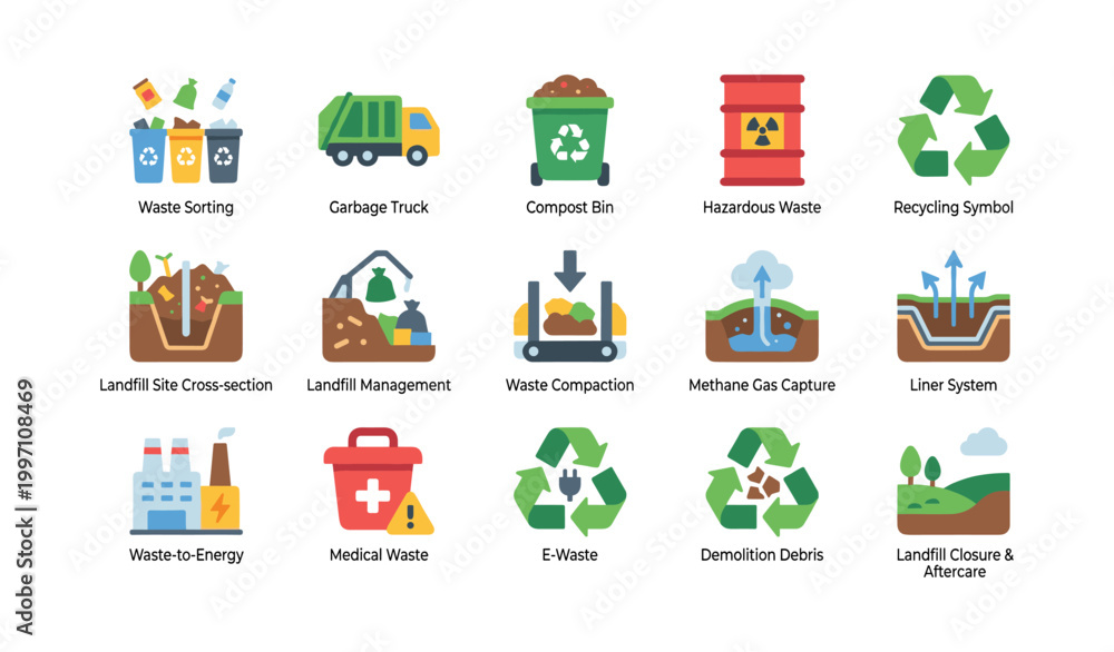 Fototapeta premium Waste and landfill icons showing sorting and recycling grid