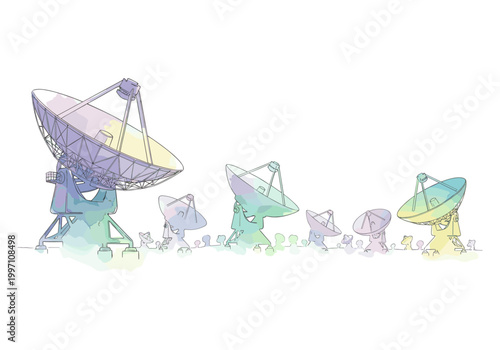 Array of satellite dishes in pastel colors, representing communication and technology