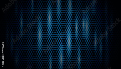 Dark background with modern blue carbon fiber texture. Steel mesh concept with futuristic light speed effect. Vector illustration of web design template.