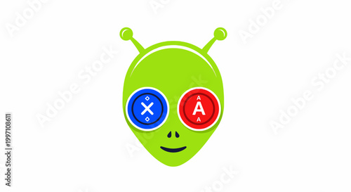 A green alien with colorful eyes.