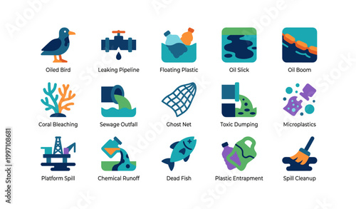 Marine pollution icons showing contamination on white background