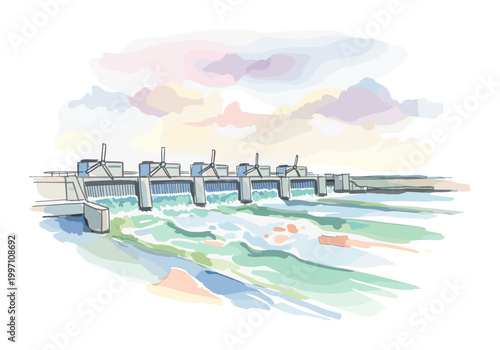 Watercolor illustration of a hydroelectric dam with turbines and flowing water
