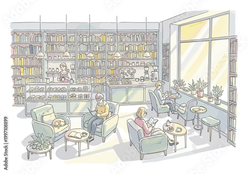Cozy bookstore cafe interior with people reading and enjoying coffee