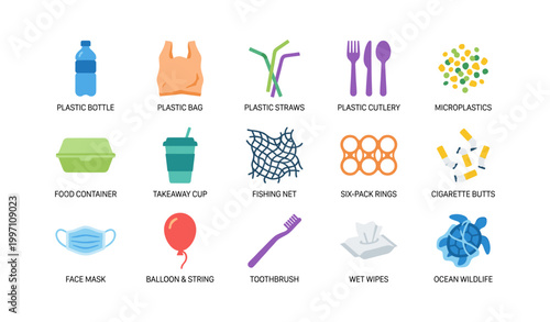 Single use plastic icons showing common litter items on white