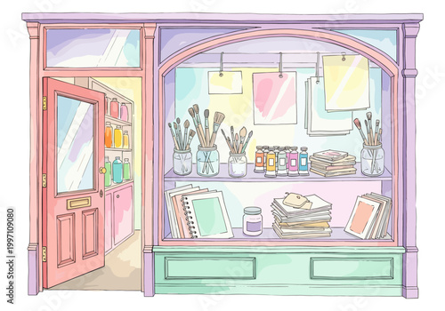 Art supply store display with brushes, paints, and paper in pastel colors