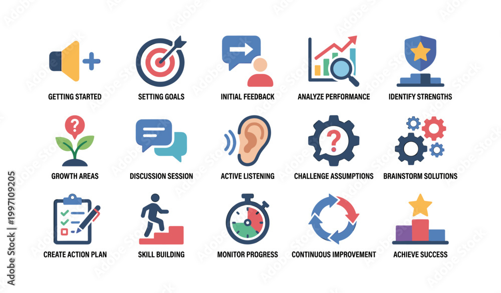 Fototapeta premium Performance coaching icons showing process steps on white background