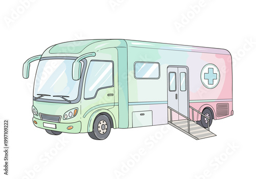 Illustration of a mobile medical clinic bus with a ramp and a cross symbol