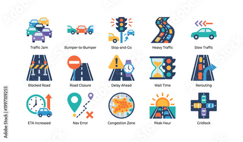 Traffic and congestion icons showing road delays and routing