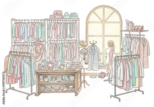 Charming boutique interior with racks of pastel clothing and vintage decor