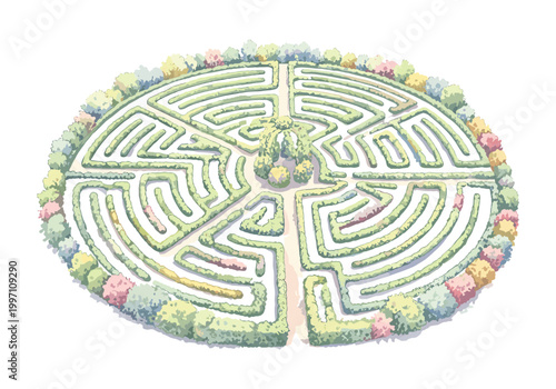 Beautifully manicured garden maze with colorful trees surrounding the green hedges