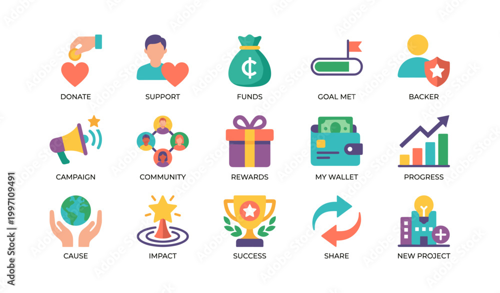 Fototapeta premium Crowdfunding and donation platform icons arranged in grid