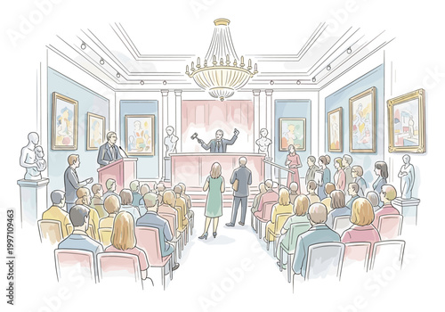Art auction in a grand hall with an auctioneer and attentive audience