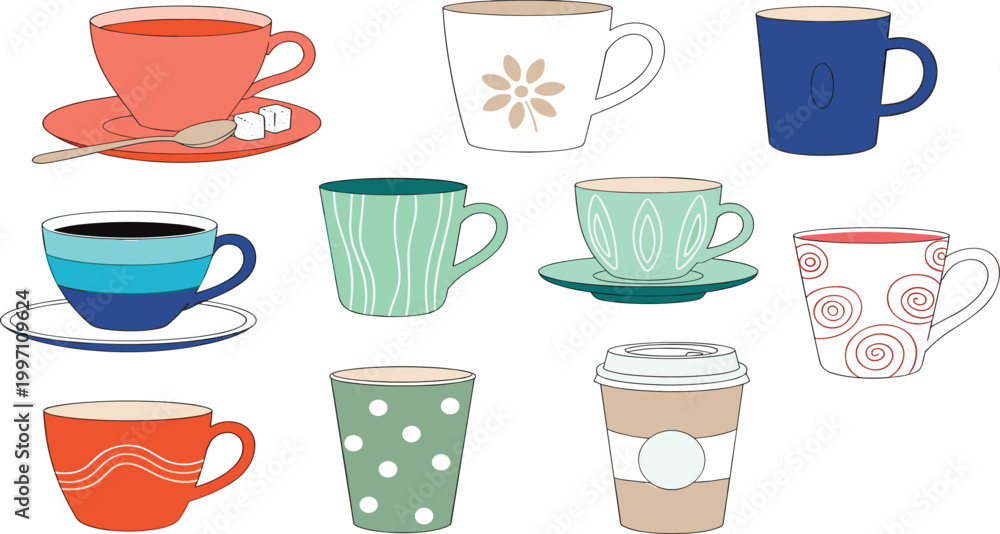 Obraz premium Coffee Cup Illustration Set Featuring Colorful Mugs, Teacups, Takeaway Coffee and Ceramic Drinkware Designs for Cafe, Kitchen and Beverage Branding.