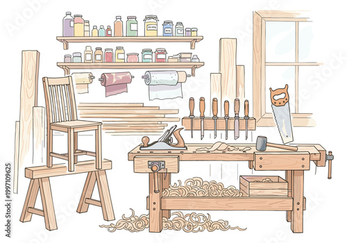 Cozy woodworking shop scene with tools and unfinished chair project