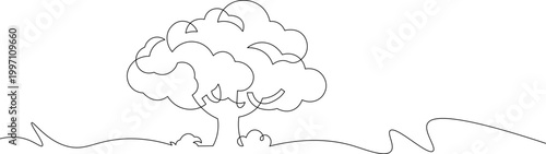 A simple line drawing of a tree standing alone in a field with a minimalist landscape