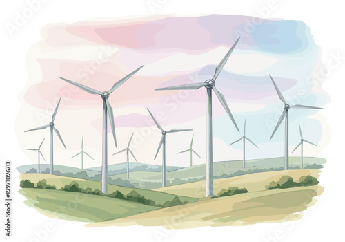 Wind turbines generating clean energy in a picturesque landscape at sunset