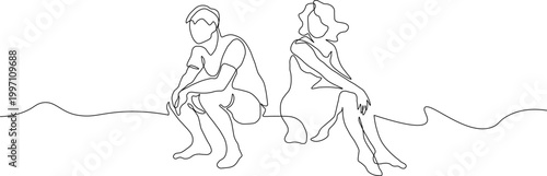A minimalist line drawing of a man and woman sitting back to back in a simple yet emotive illustration