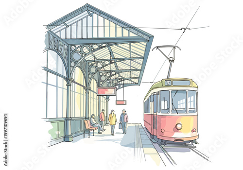 Vintage tram waits at a historic station with passengers on the platform