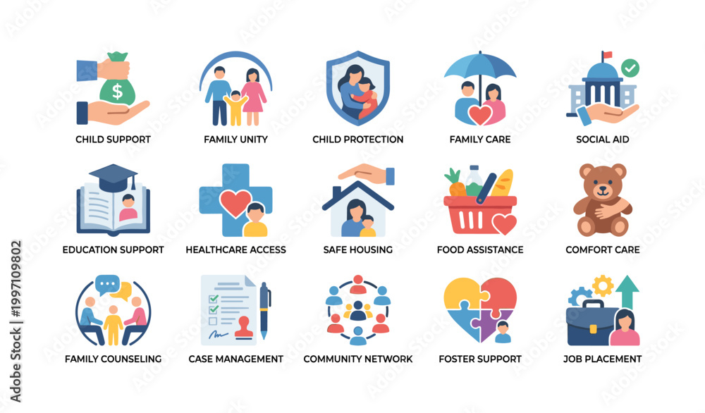Fototapeta premium Social services icons showing family support programs grid