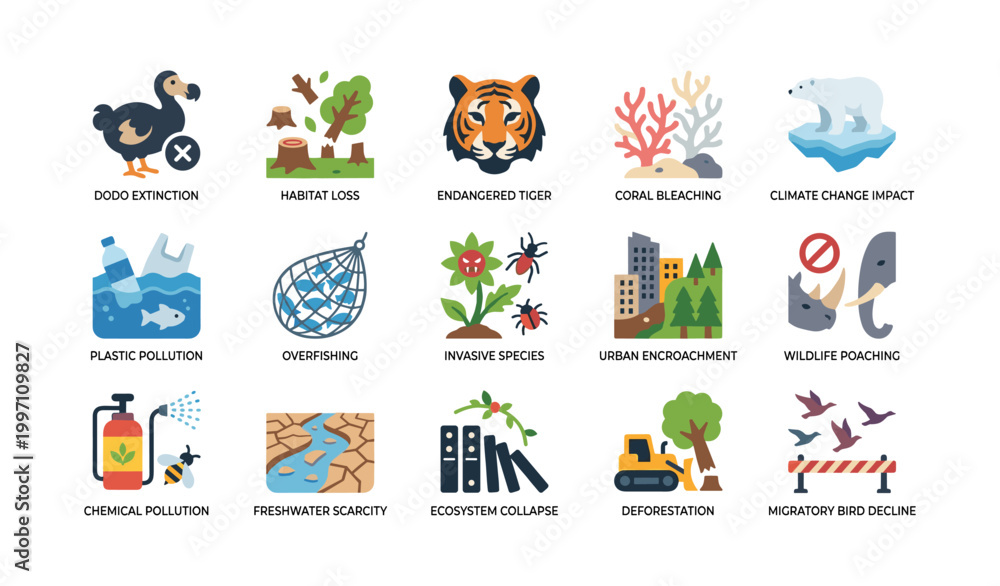 Obraz premium Environmental threat icons showing wildlife and ecosystem issues