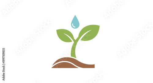 A green sprout growing from brown soil with a blue water drop.