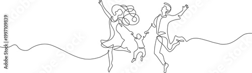 A minimalist line drawing of a happy family jumping together in a carefree moment