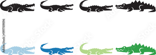 crocodile animal icon, solid black, white background, minimalist, sharp edges, vector illustration.
