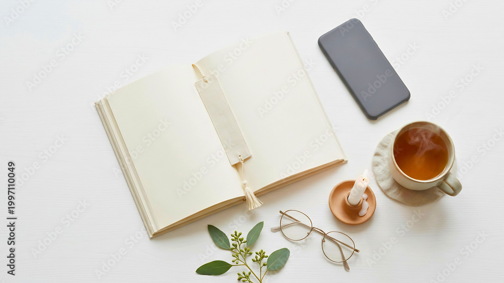 Fototapeta premium Digital detox flat lay with phone face down, book and tea on white background