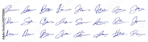 Handwritten Signature Collection - Various Cursive Autograph Styles in Blue Ink on White Background