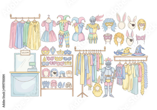 Costume shop display with various outfits, masks, and accessories for sale