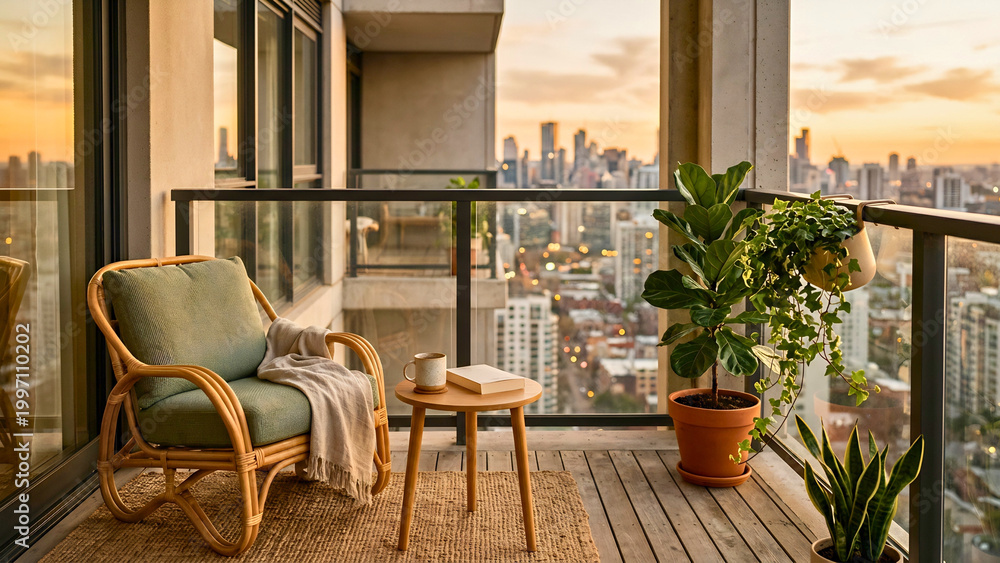Fototapeta premium Modern apartment balcony with lounge chair overlooking city at golden hour, urban living