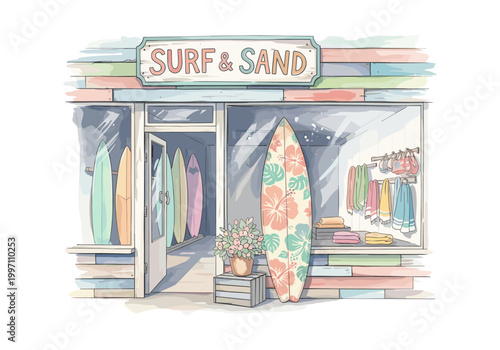Charming surf shop storefront with colorful surfboards and beach accessories displayed
