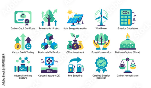 Climate action and carbon offset icons displayed in grid
