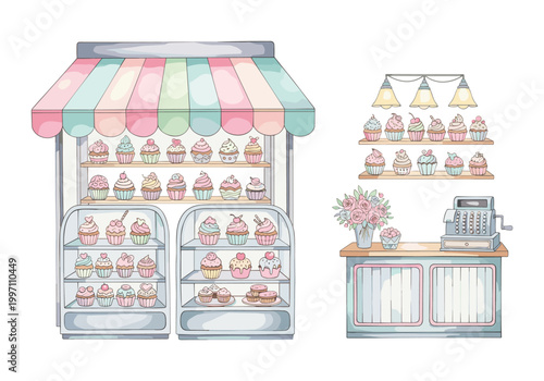 Charming pastel cupcake shop display with a vintage cash register and flowers