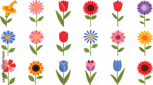 Colorful Flower Icon Set Featuring Tulips, Sunflowers, Daisies and Floral Spring Garden Elements for Nature, Decoration and Botanical Design Projects.