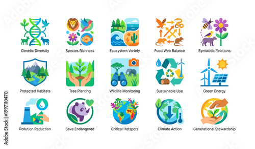 Biodiversity icons showing conservation themes and ecosystem concepts