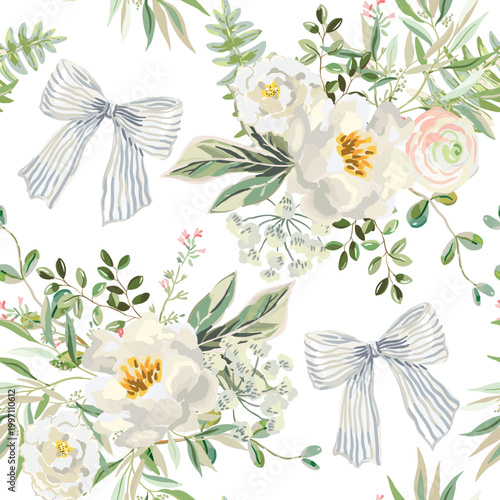 Peony, rose flowers, green leaves, greenery, fern, gray striped bows, white background. Floral illustration. Vector seamless pattern. Botanical design. Summer garden bouquets