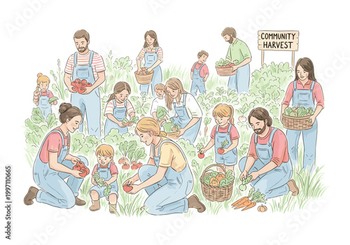 Diverse families and children happily harvesting fresh vegetables together in a sunny garden