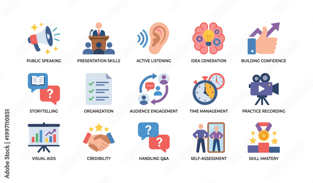 Fototapeta premium Presentation and public speaking skill icons in grid layout