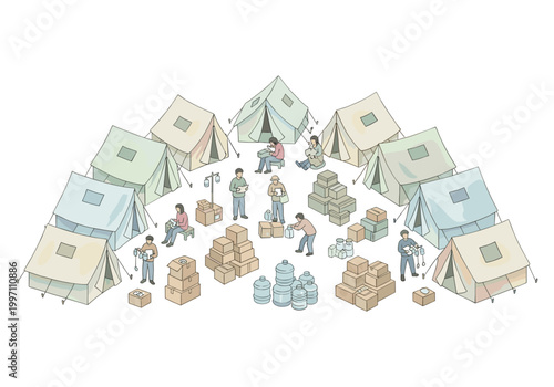 Aid distribution camp with tents, boxes, and people providing assistance