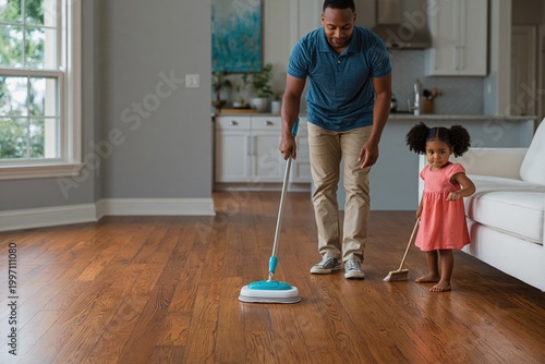 Father mopping hardwood floor with child in living room