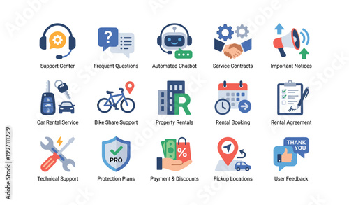 Customer support and rental service icons set displayed in grid