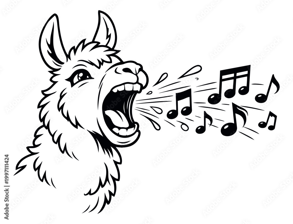 Fototapeta premium Hand drawn line art illustration of a llama depicting shouting musical notes for sound and music