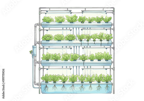 Vertical hydroponic farm with rows of leafy green vegetables growing under lights