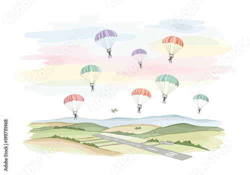 Multiple skydivers descending with colorful parachutes over a rural landscape and runway