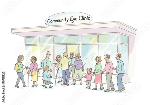 Diverse group of people arriving at a community eye clinic for appointments