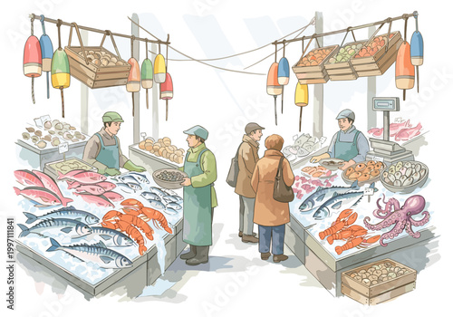 Seafood market scene with vendors selling fresh fish, lobsters, and octopus